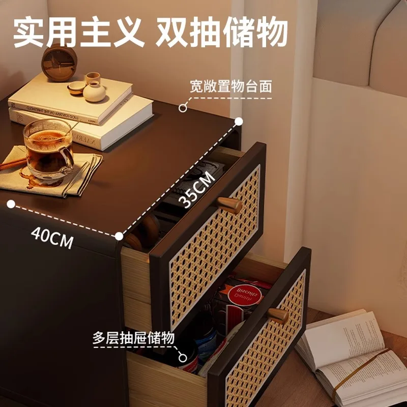Medieval bedside table solid wood rattan small household bedside table French retro bedroom storage cabinet light luxury high se