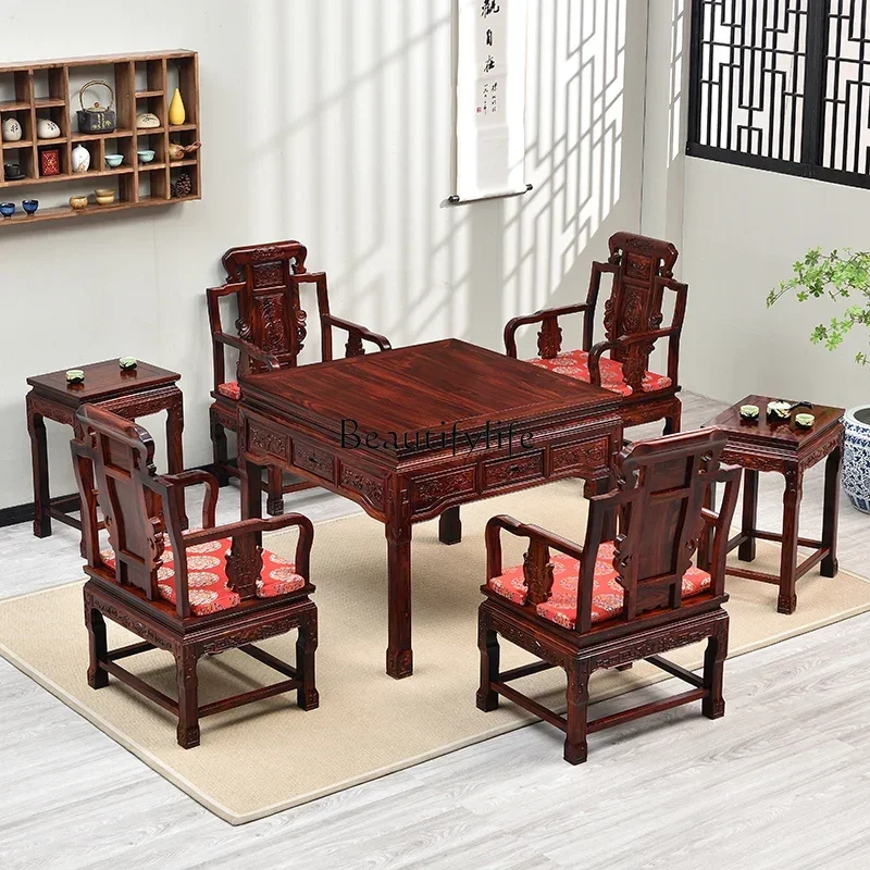 02National standard mahogany Indonesian black rosewood automatic mahjong table antique chess and card table