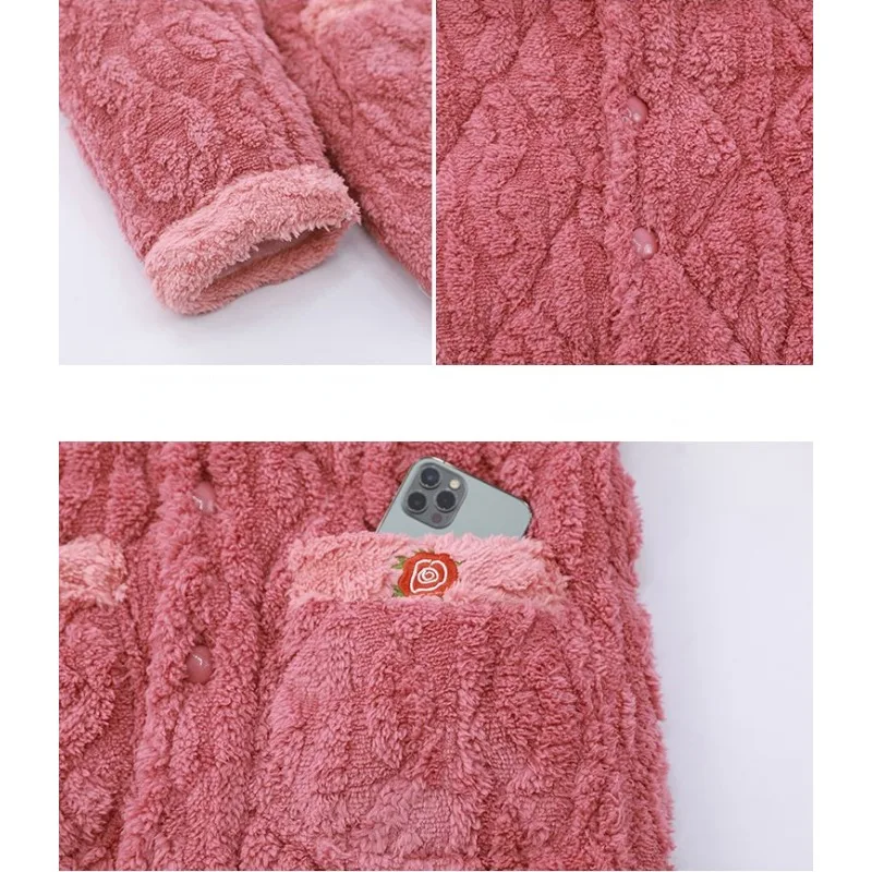 Middle Aged Elderly Winter Cotton Padded Pajamas Three Layers Thickened Coral Velvet Homewear Women's Oversized Loungewear Set