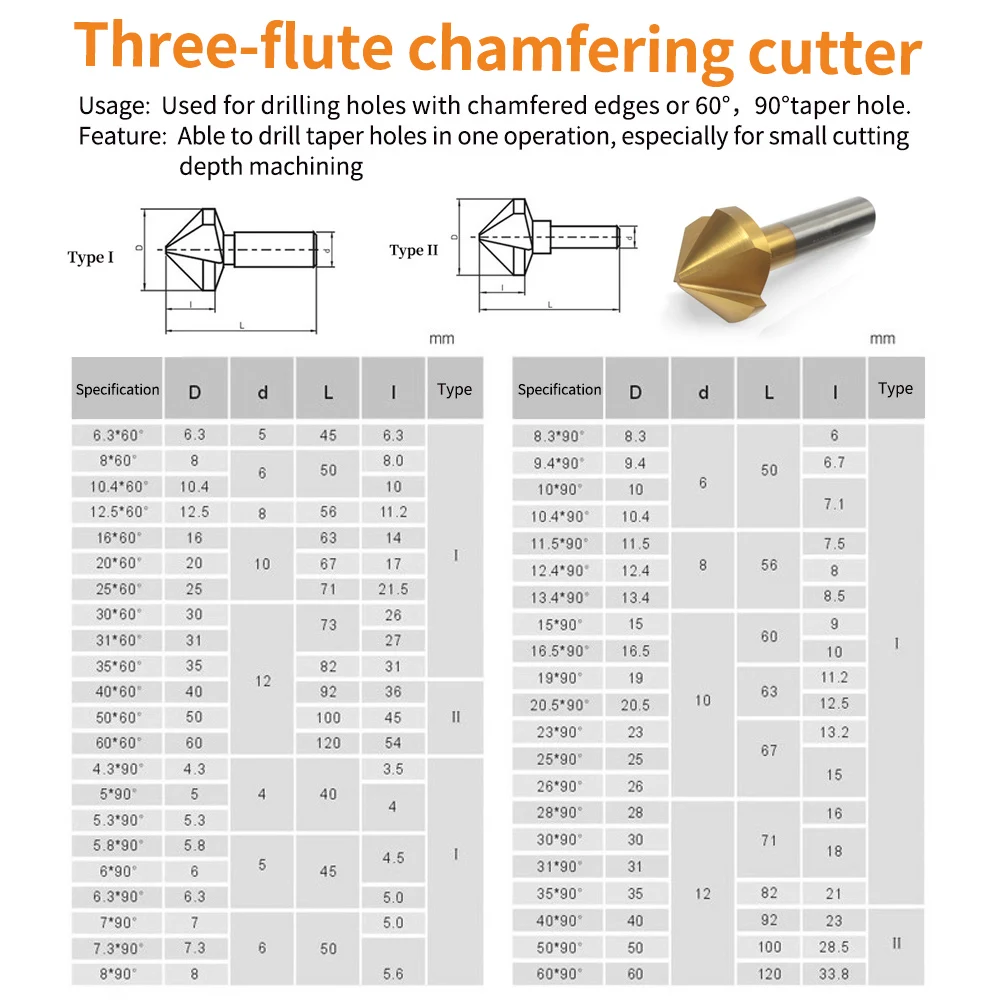 1 & 3-Flute 90° Countersink Drill Bit Set 6.3-60 mm Titanium-Plated HSS Chamfering Cutter for Wood Metal Hole Deburring Trimmer