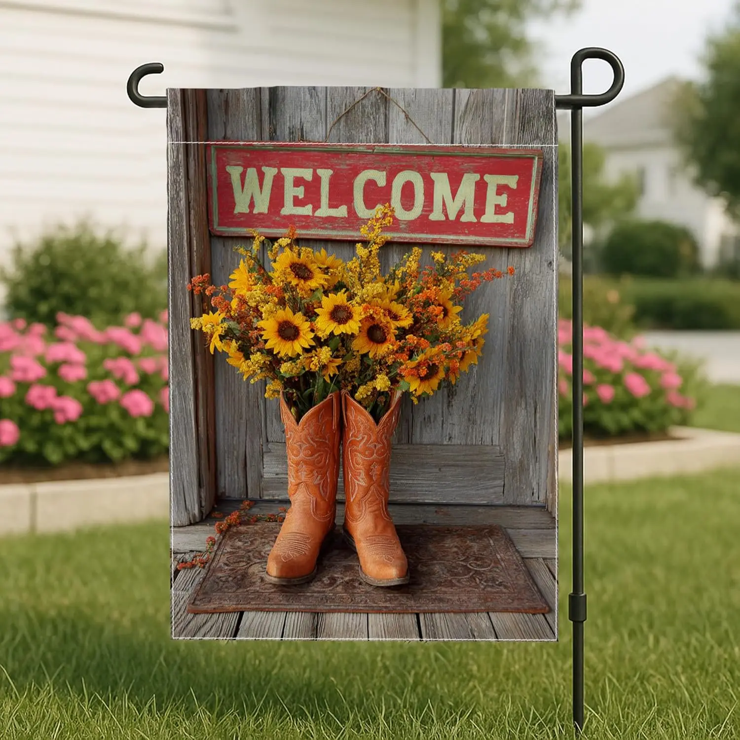 Vintage Welcome Garden Flag, Autumn Floral Cowboy Boots Decor, Double Sided Rustic Yard Banner for Home, Outdoor Fall Decora UUX
