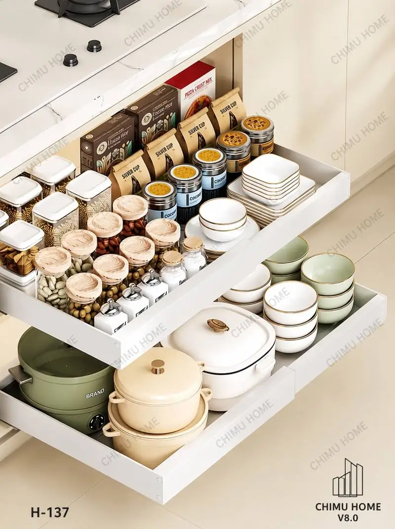 【CHIMU HOME】 Pull Out Cabinet Organizer Heavy Slide Rail Adjustable Dish Pot Storage Rack for Kitchen Drawer Seasoning