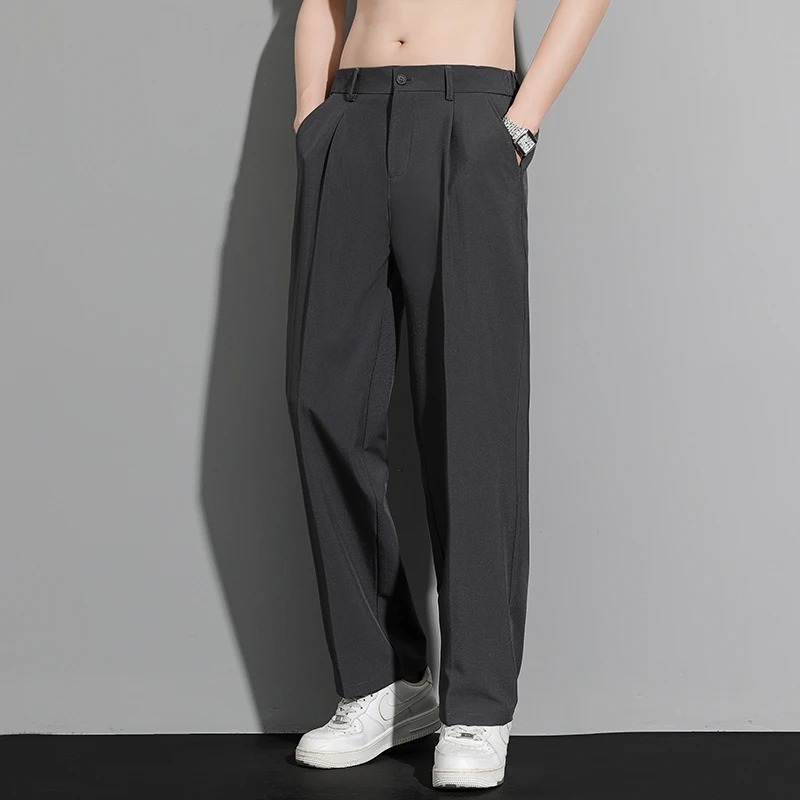 

Мужские летние брюки из ледяного шелка, широкие, прямого кроя, свободные, повседневные, длинные, струящиеся, в корейском стиле, для делового образа джентльмена