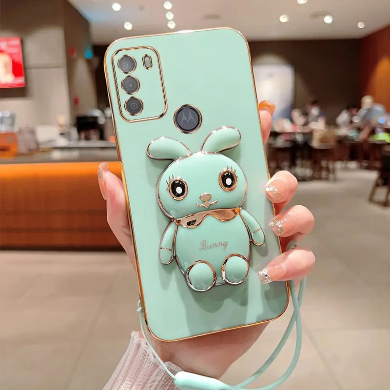 Phone Case For Motorola Moto G50 2021 Motorola G50 2021 Luxury Plating Square Rabbit Holder With Landyard Case Cover