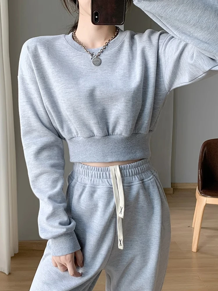 Lockerer langer Rundhals-Sweatshirt für Damen, Frühling/Herbst, neues Design, Bauchfreier Schnitt, koreanische Version, Top-Trend