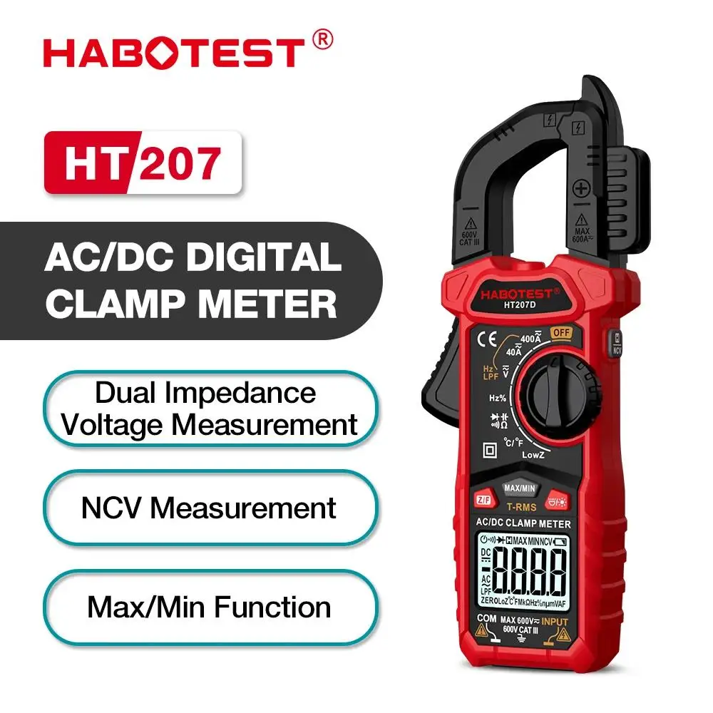 HABOTEST HT207A/HT207B/HT207D AC DC Digital Clamp Meter Multimeter Pinza Amperimetrica True RMSTrue RMS NCV Voltage Inrush