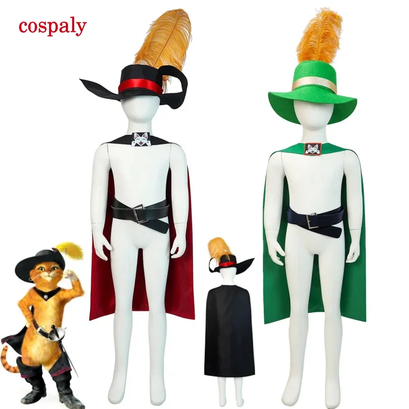 Kostüm Halloween Der gestiefelte Kater PUSS Anime Film Erwachsene Kinder Cosplay Kostüm Umhang Hut Gürtel Anzug Katze Komplettes Kostüm