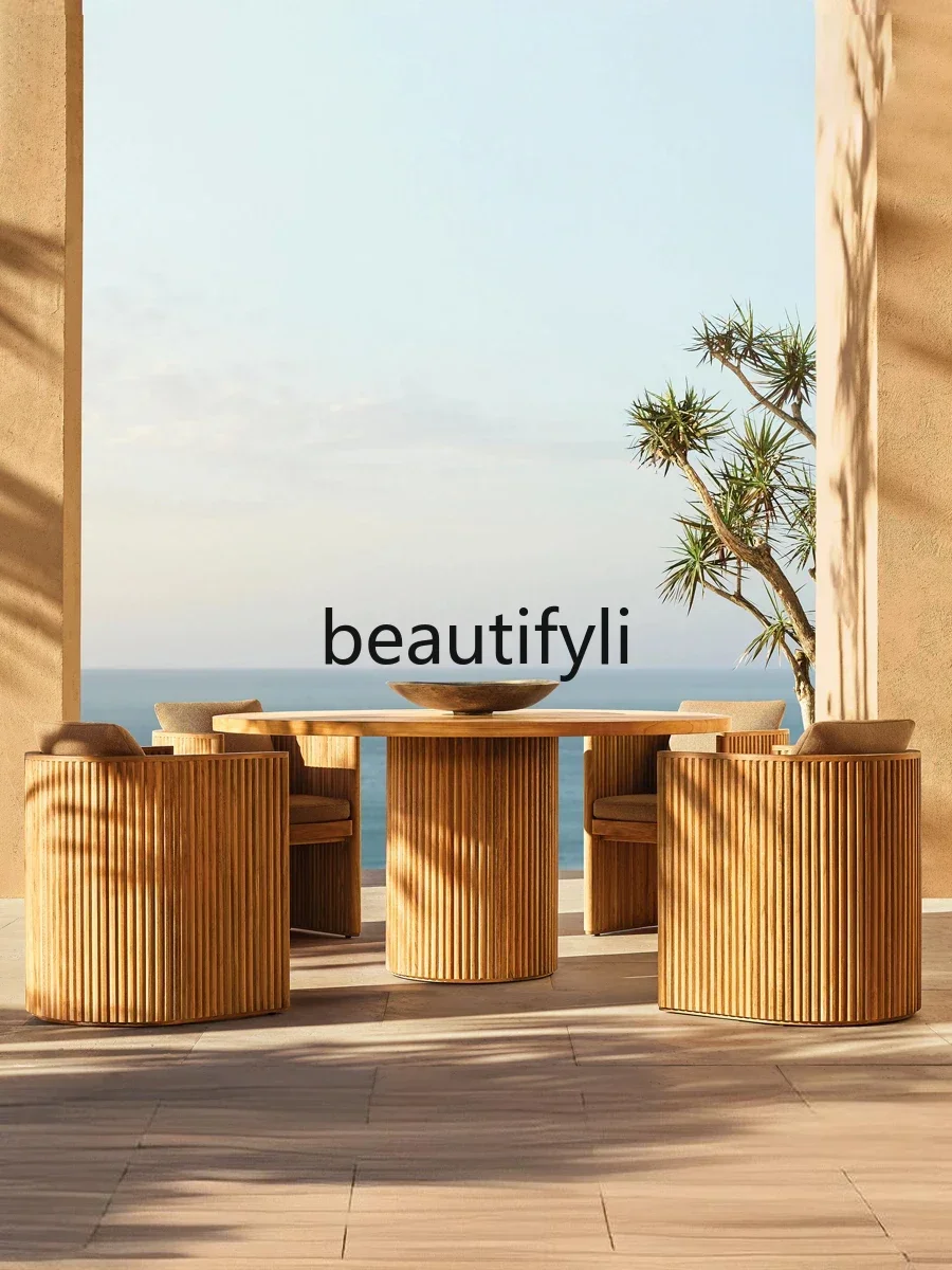2003 Outdoor Table and Chairs Rainproof Sunproof One Table Six Chairs Courtyard Indoor Solid Wood Open-air Furniture