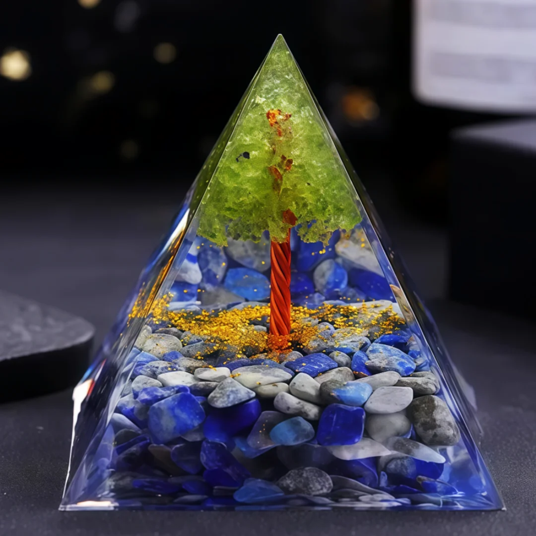 Tree of Life Orgonite Pyramid Natural Lapis Lazuli Peridot Crystal Chakra Meditation Home Decor Healing Crystal Stone Gift