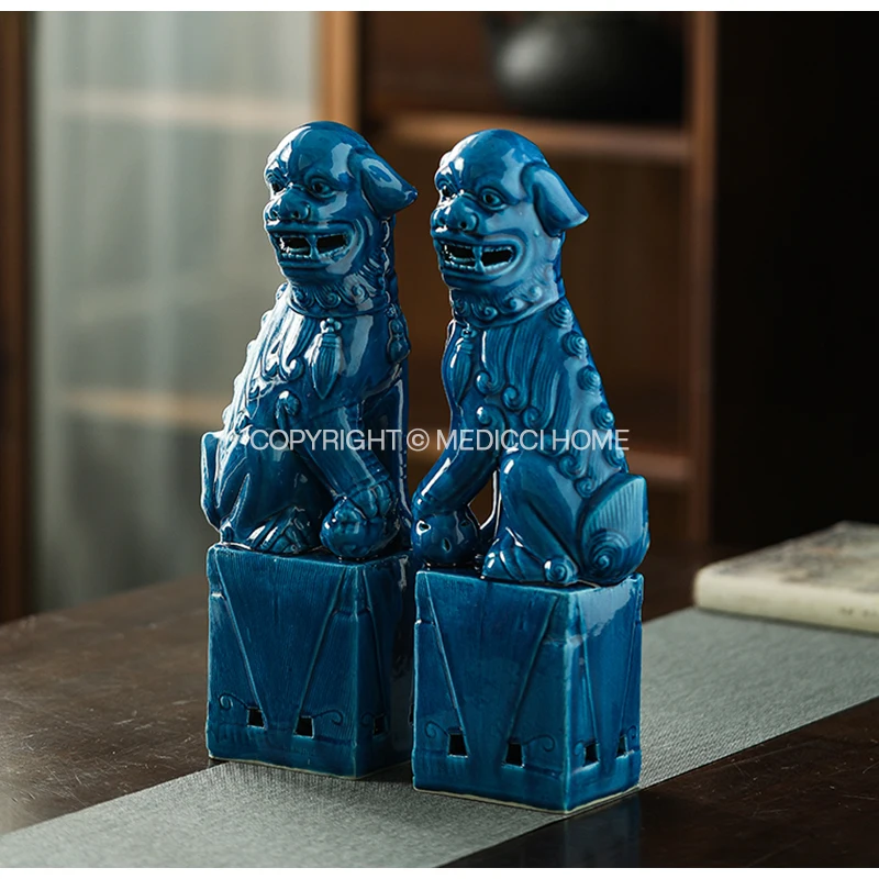 Medicci Home GG Style Mystical Animal Lion Dogs Ceramic Ornaments One Pair Retro Blue Furnishing Articles Porch Desktop Decor