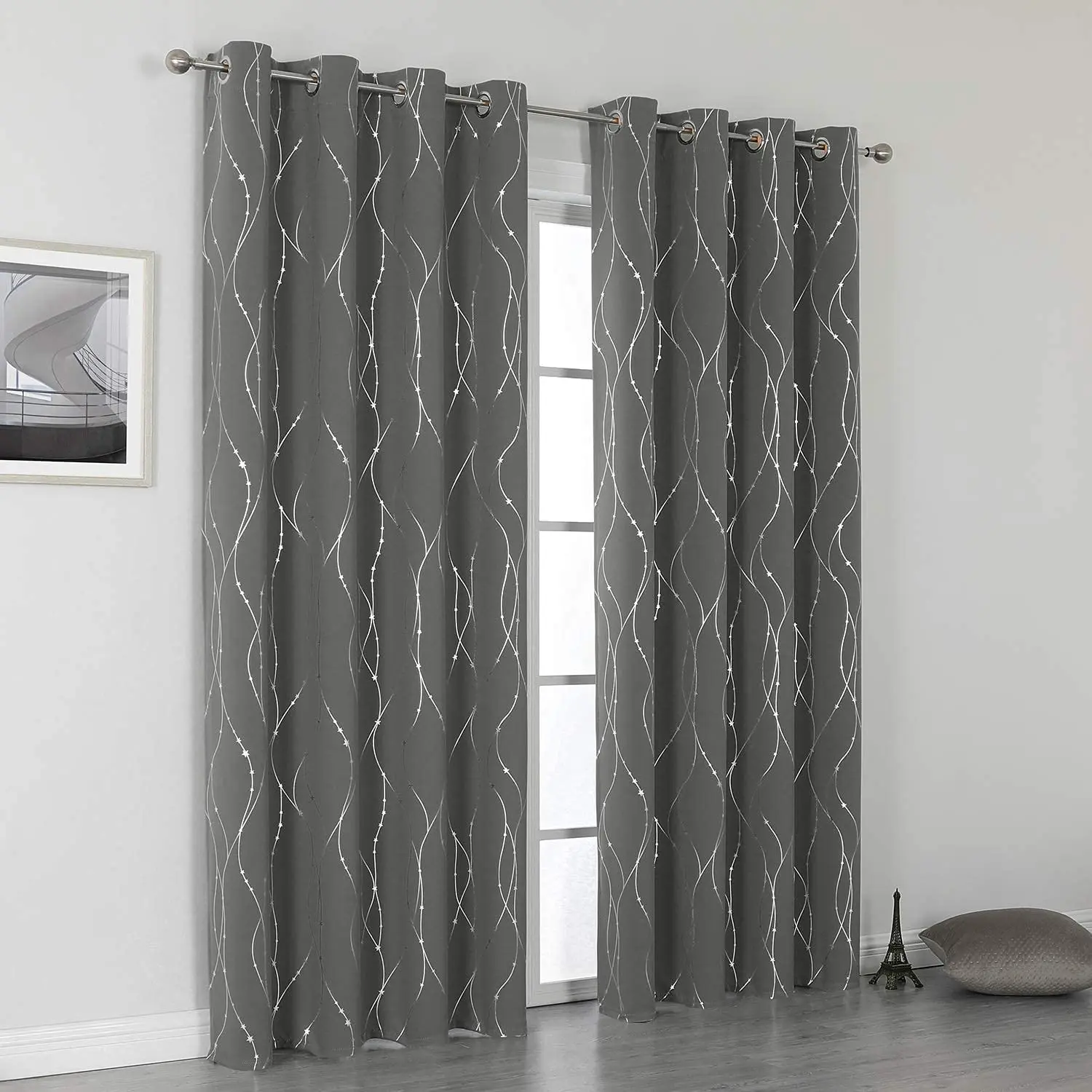 

Blackout Curtains for Living Room, Silver Star Printed Design, Darkening Insulated Window, Grommet Drapes for Bedroom, 2 Panels