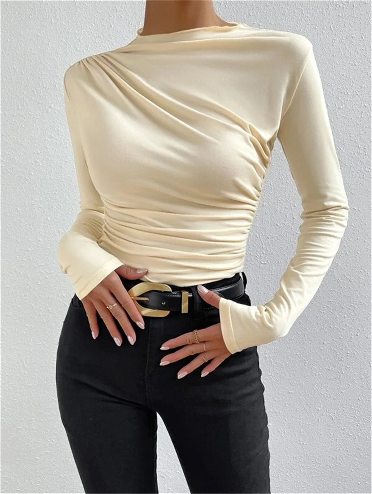 Fashion Design Long-Sleeved T-Shirt Women'S Spring Autumn New Round Neck Straight White Black Solid Basic Tops For Women