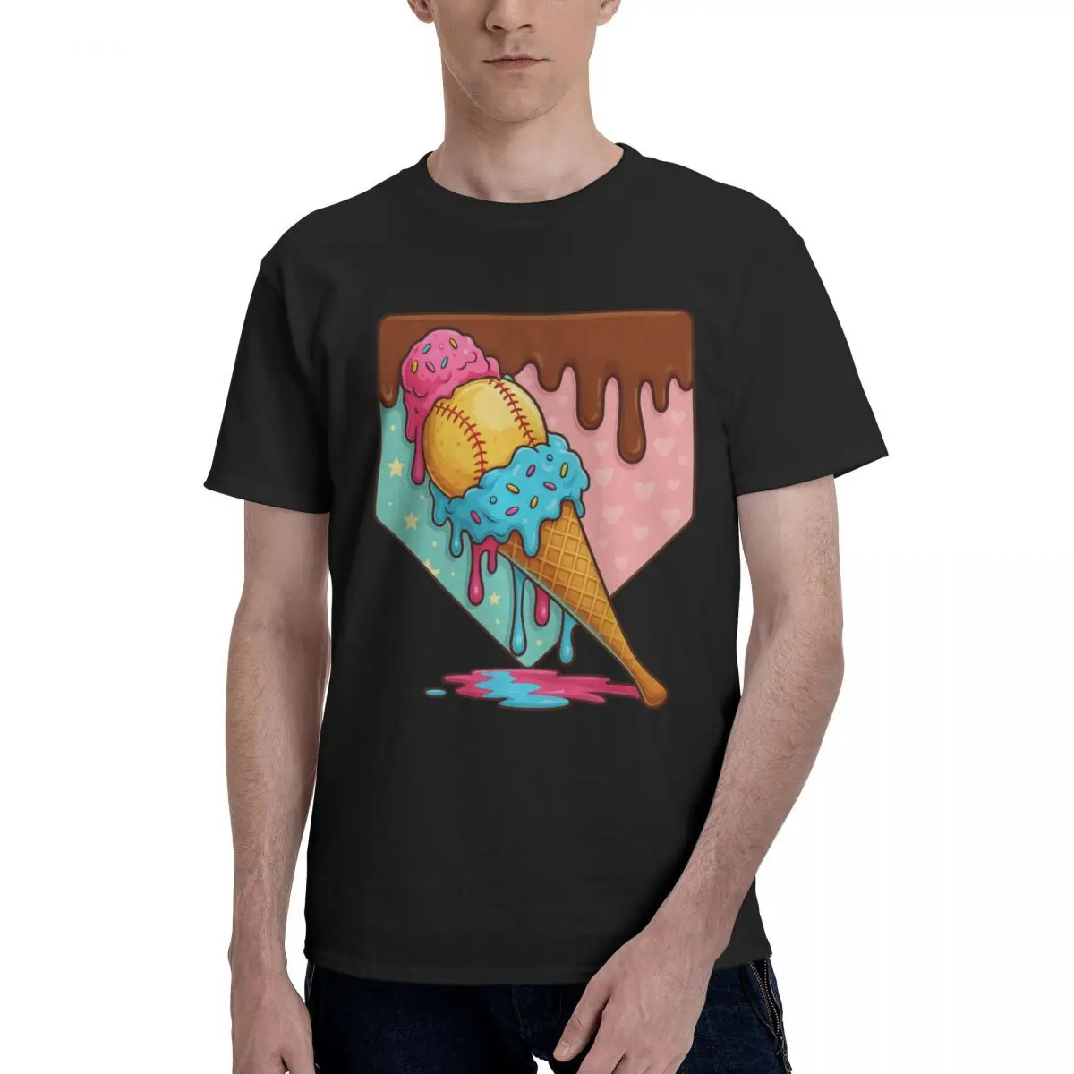 Men Baseball Ice Cream Dripping Baseball Home Plate Drip 2025 T Shirt Vintage Oversized Cotton Crewneck Sleeve T Shirt Men