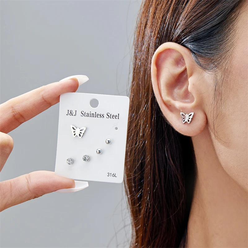 3 Pairs Hypoallergenic Stainless Steel Stud Earrings Set For Women Girl Geometric Heart Star Moon Mini Earrings Wedding Jewelry