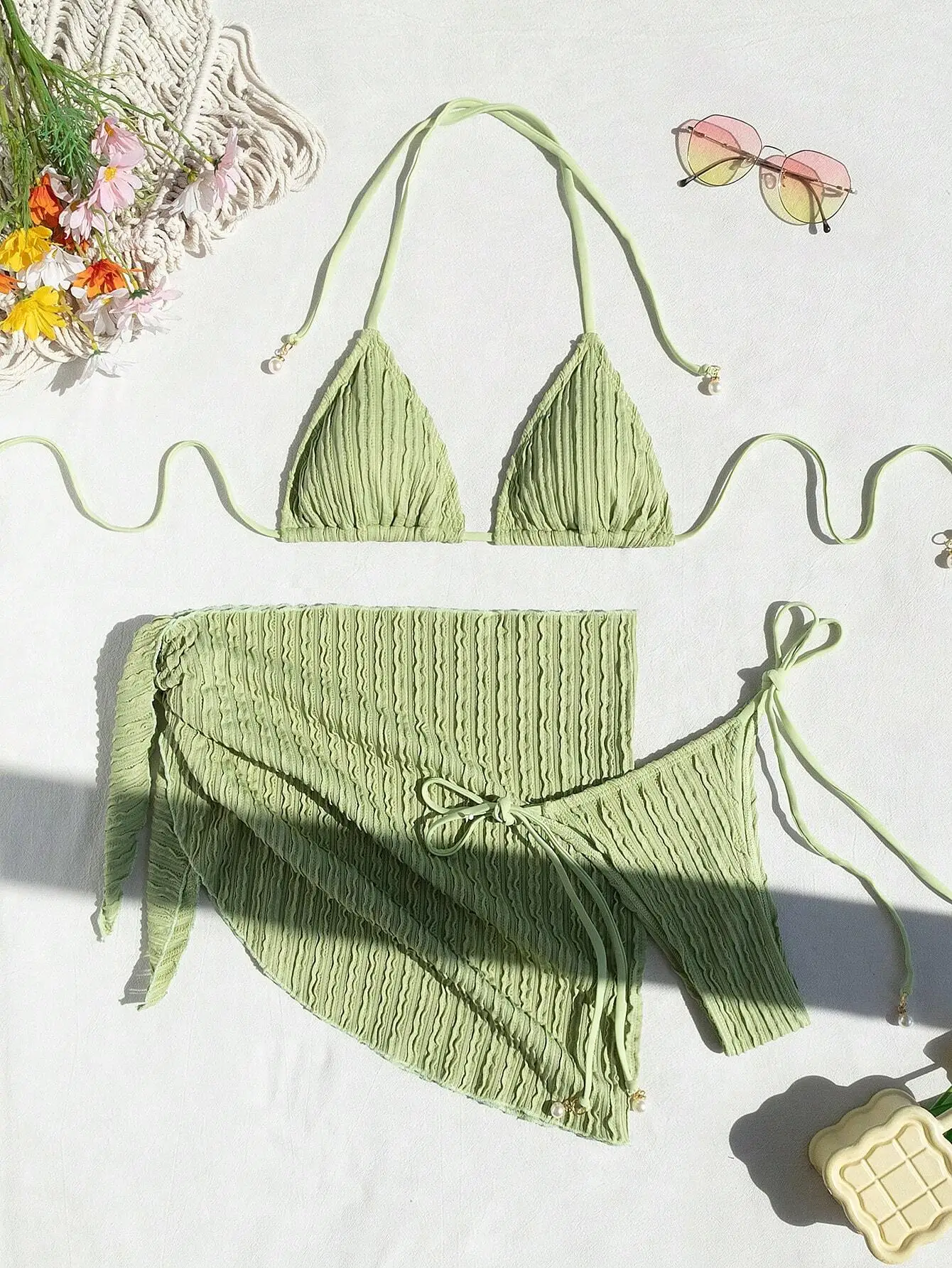 

Mint Green Ruched Triangle Top And Wrap Skirt Bikini Set With Adjustable Straps