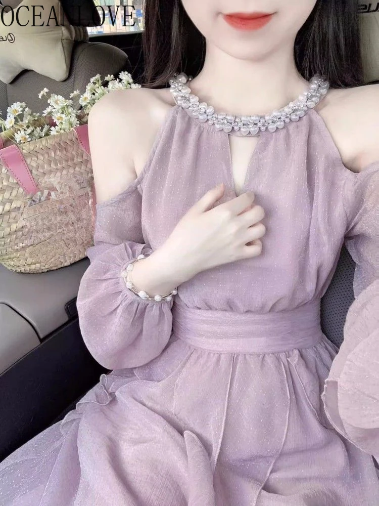 OCEANLOVE Purple Long Dresses French Style Solid Beading Spring Summer Vestidos Mujer Elegant Korean Fashion Women Dress