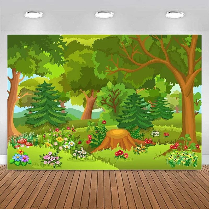 

Cartoon Forest Backdrop Fairytale Forest Flowers Mushroom Background Phtography Birthday Party Banner Decoration Baby Shower Kid