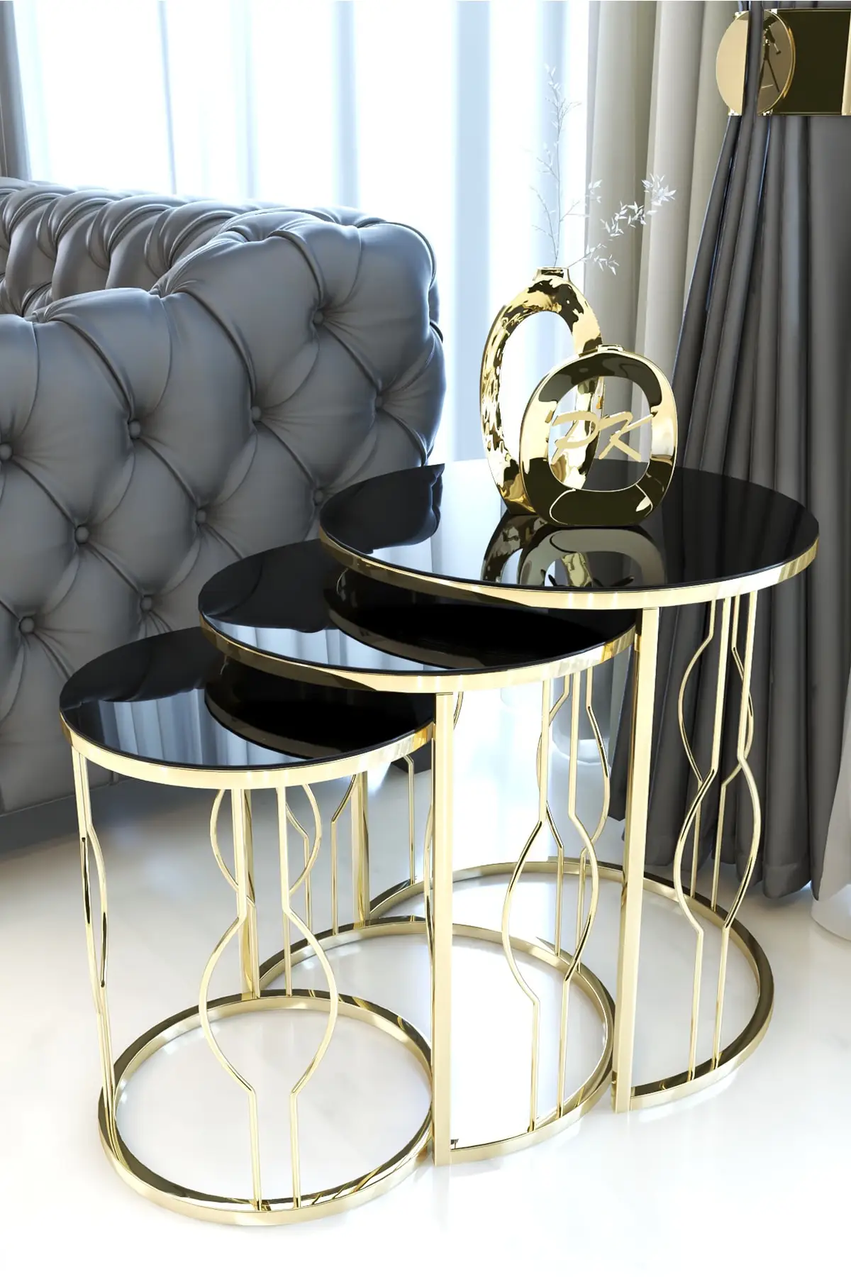 Gold Metal Nelling Table Unbreakable Black Glass Mirrored 3 Piece Scandinavian Side Table Tea Coffee Service Table Round Living