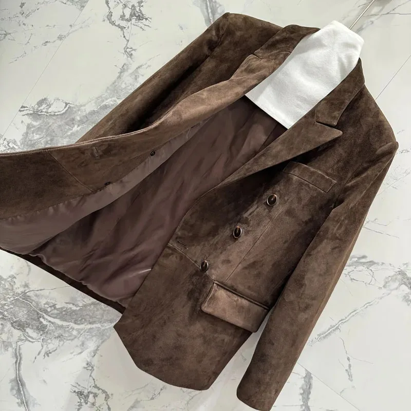 Echte leren jas 2025 Nieuwe mode damesjas voorjaar en herfst Suède leren pakstijl Dubbele rij knopen