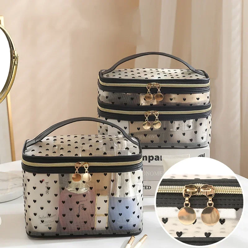 Sac à cosmétiques en maille noire Double couche, trousse de maquillage Portable de grande capacité, pochette de rangement, trousse de toilette à fermeture éclair