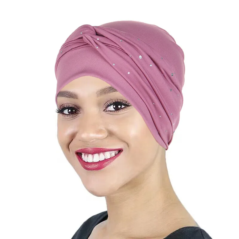 KepaHoo Women Turban Hats Stretchy Solid Knot Rhinestone Cancer Chemotherapy Chemo Beanies Cap Headwrap Plated Hair Loss Cover