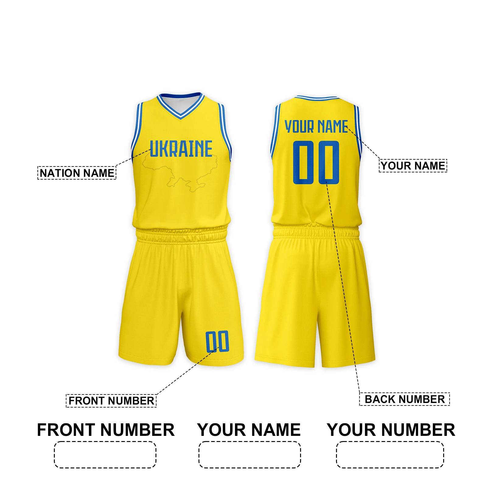 Custom Ukraine Basketball Uniform Set for Kids Personalized Print Basketball Jersey and Short with Name Number Boys Girls Gift