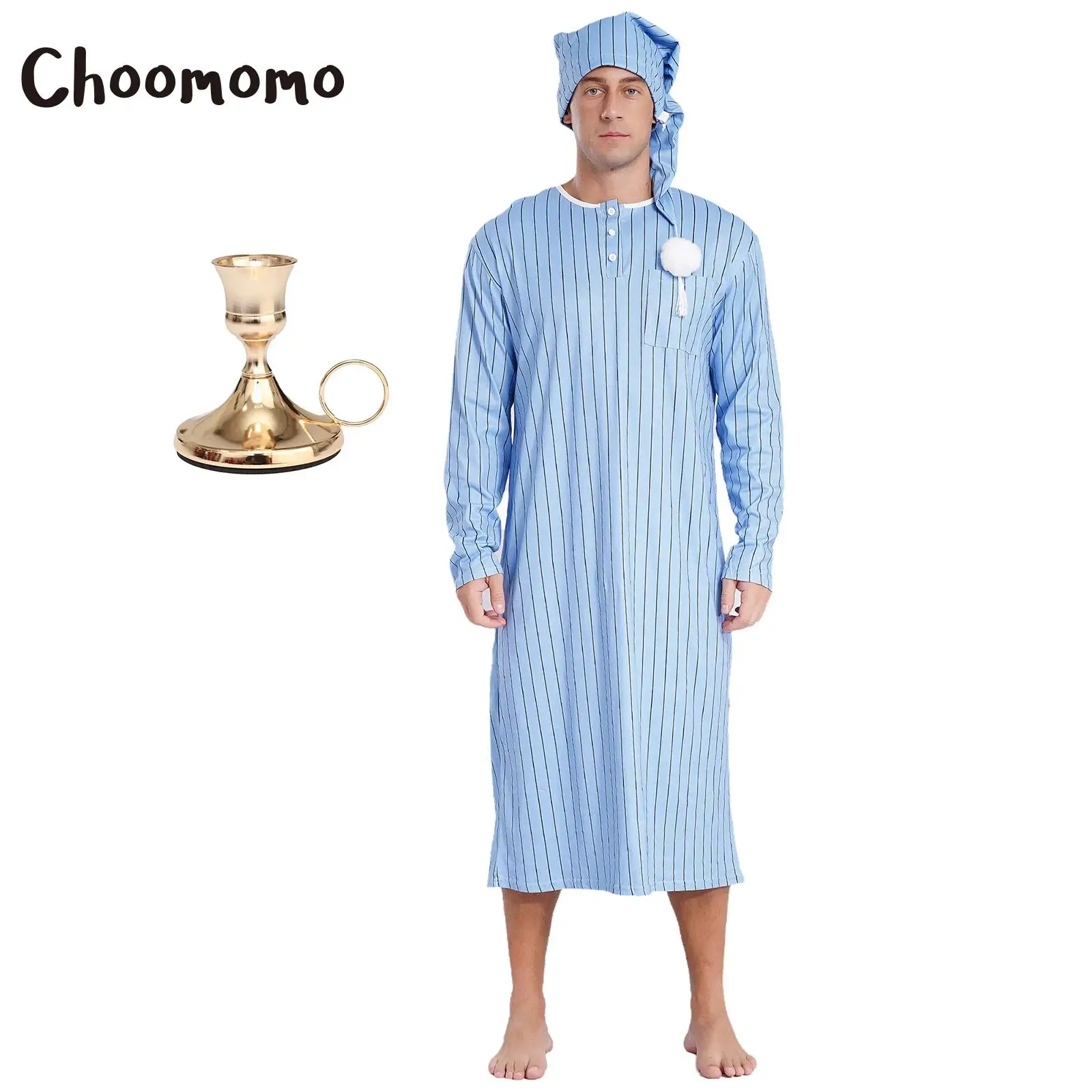 

Men Soft Loose Sleepwear Robe Long Sleeve Striped Sleep Nightdress Nightshirts with Hat Candlestick Christmas Party Pajama Set