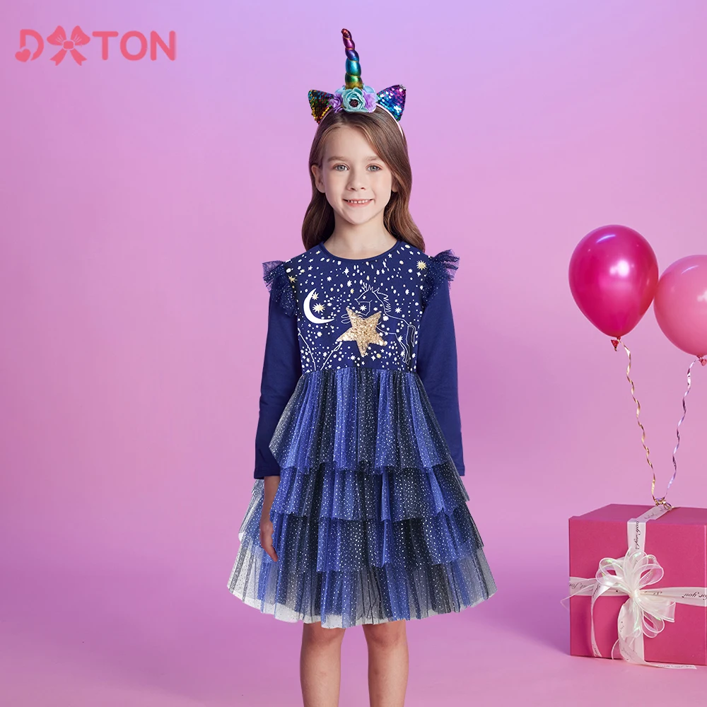 

DXTON Princess Dress Winter Premium Kids Party Vacation Costume Sequin Star Toddler Dress Unicorn Blingling Children Layer Dress