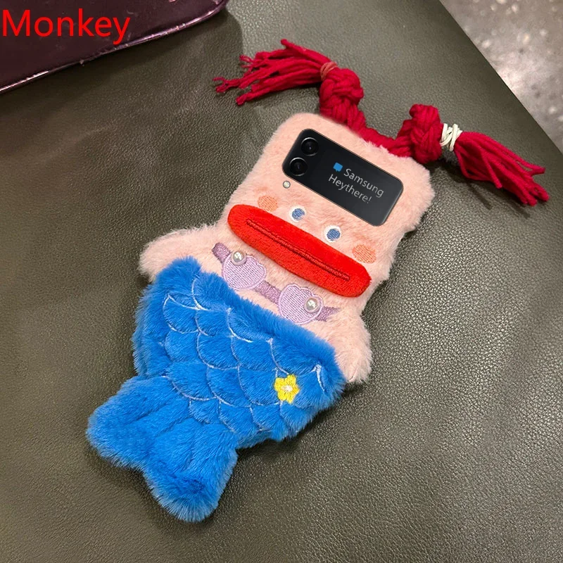 3D Cute Plush Mermaid Girls Gift Phone Case For Samsung Galaxy Z Flip 3 4 5 6 Case 1 2 Flip5 flip3 Winter Fluffy Hair Hard Cover