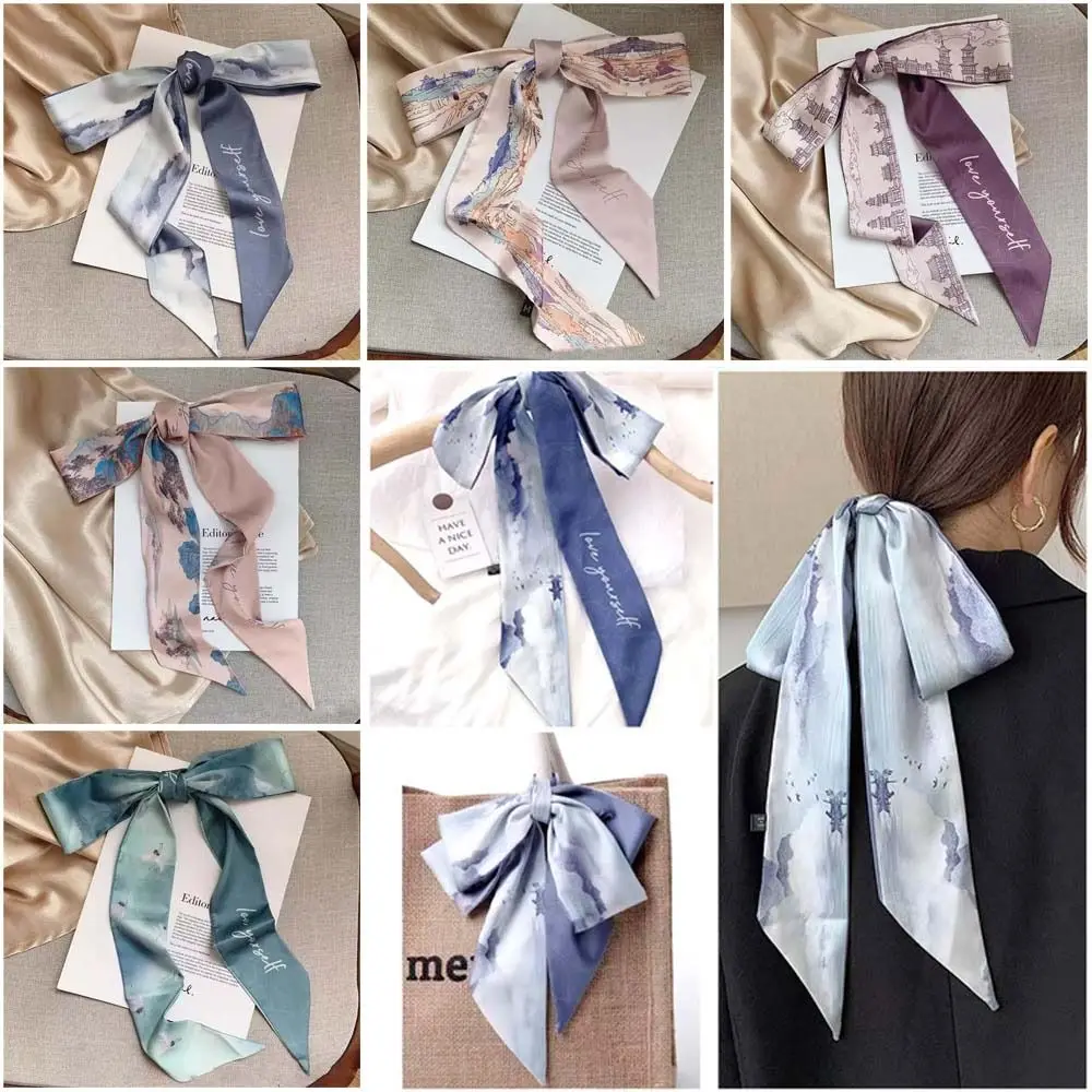 French Scarf Butterfly Tie Hair Retro Oil Print Hair Ribbon Scarf Women Neck Tie Bag Headscarves Floral Bands Headband