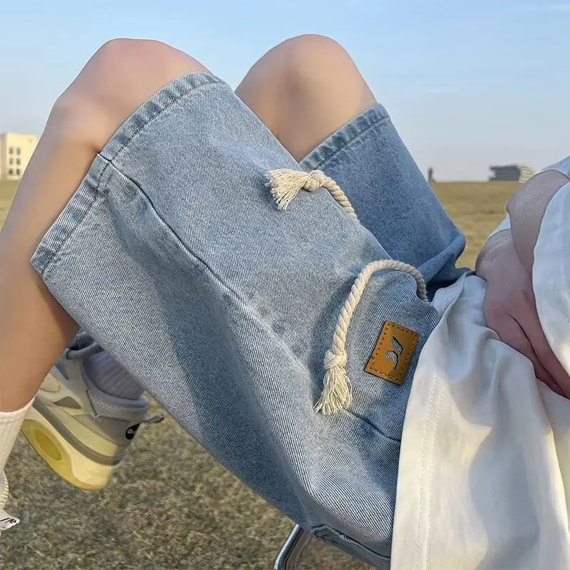 

Washed Drawstring Waist Workwear Denim Shorts For Men Summer American Street Style Versatile Loose Straight Jeans Shorts
