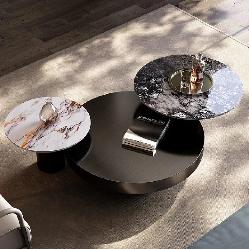 Combinazione di tavolini da caffè in lastra di roccia, soggiorno di lusso leggero, alto senso, minimalista, rotondo, di design, club, caffè alto e basso
