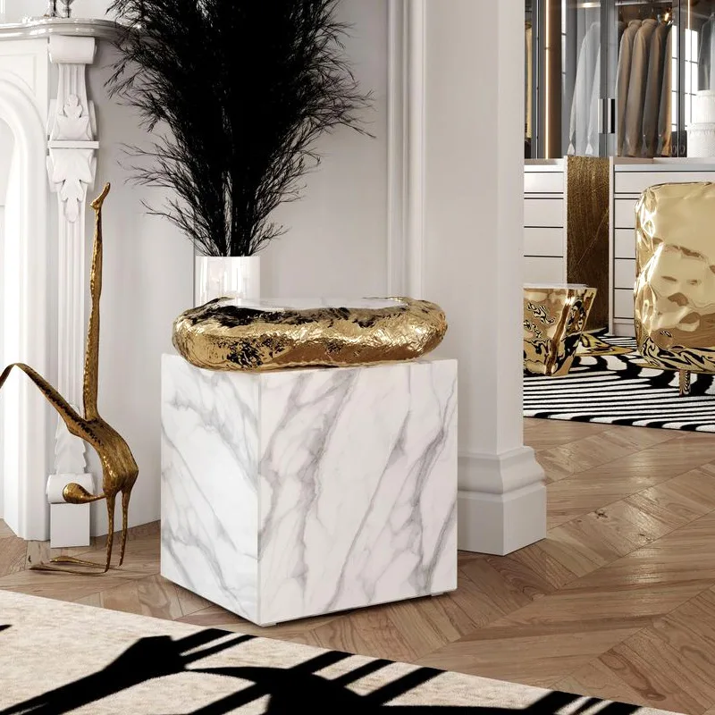 Marble luxury stone side table, villa large flat living room, artistic metal light luxury square corner tablestone side table
