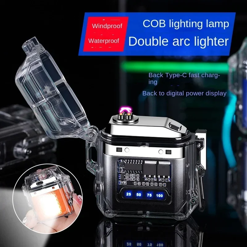 Waterproof Electric Lighter Transparent Shell Double Arc USB Rechargeable Lighter TYPE-C Fast Charge COB Lighting Plasma Lighter