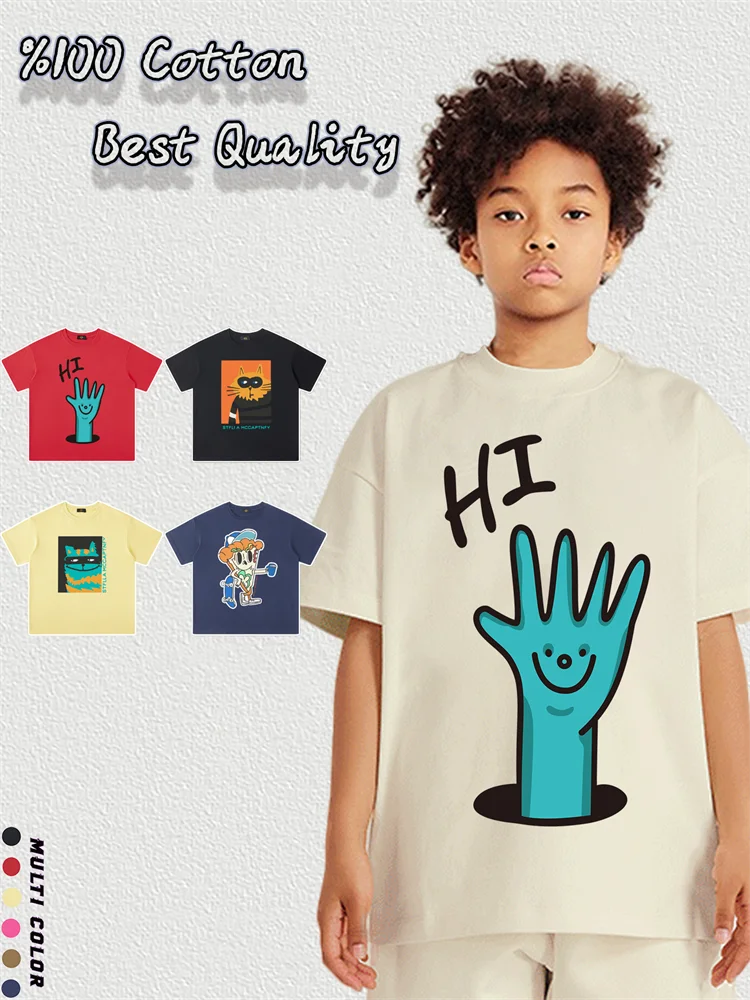 

2025 New Baby Boys Summer Clothes Kids T-shirt %100 Cotton Streetwear Fun Prints Pizza Tees Cartoon Cat Half sleeve Child Tops