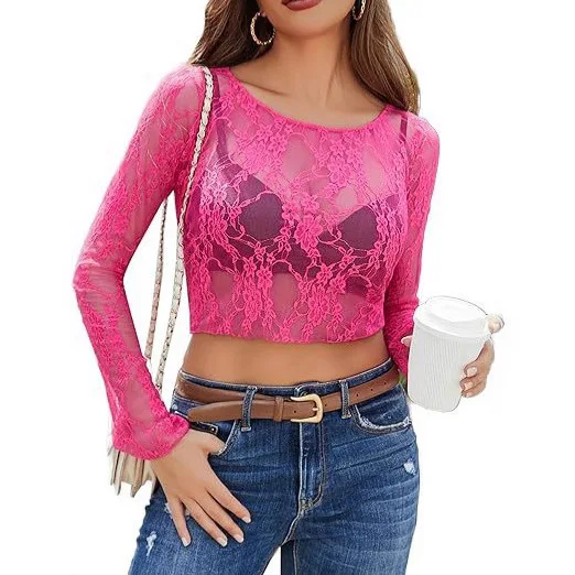 New Lace See-through Mesh Round Neck Blouse Sheer Short Evening Dress