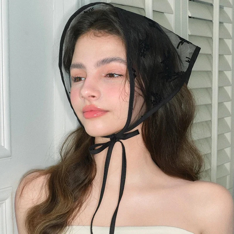 Women's Romantic Retro Dark Style Shot Black Chiffon Embroidered Thin Breathable Triangle Scarf Lace Strap Headband Decoration