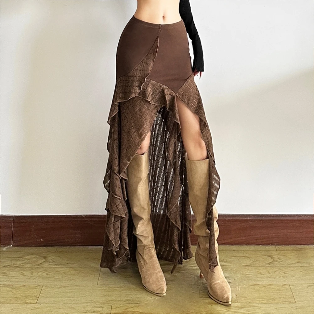 

SylCue Contrast Patchwork Long Skirts Woman Irregular Elastic Waist Ruffles Taseel High Splits Street Fashion Elegant Bottoms