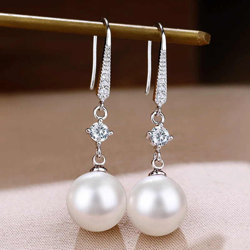 925 فضة إبرة أنيقة اللؤلؤ قلادة أقراط لامعة كريستال رائعة الأذن هوك أقراط للنساء مجوهرات الزفاف