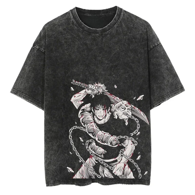 

Men's Washed Summer Animation Short-sleeved 100_ Cotton Oversized T-shirt Retro Street T-shirt V Black Washed T-shirt Harajuku
