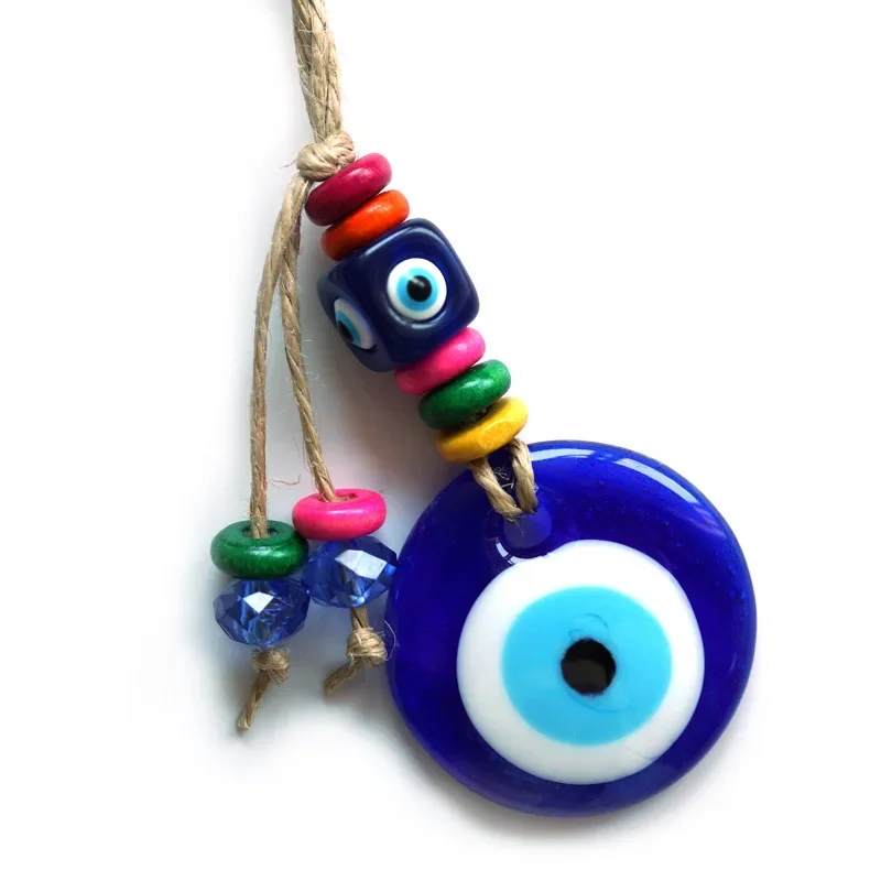 

Turkish Blue Eye Evil Eye Wall and Car Decoration Blue Glass Bead Hanging Ornament with Handcrafted Rope and Colorful Beads Gift