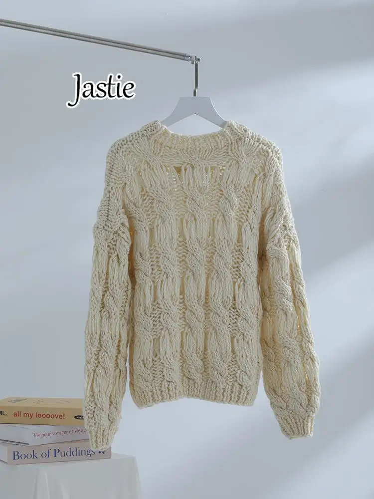 Jastie Soft Women Sweater 2023 Spring Autumn O Neck Long-sleeved Pullover Knitted Top Boho Flower Hollow Loose Casual Knit Tops