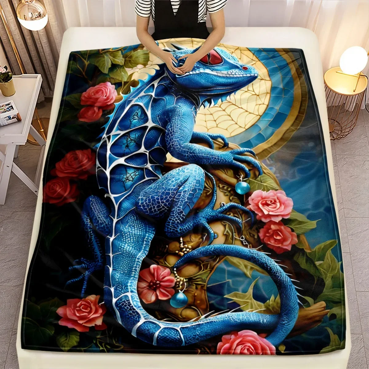 Bright lizard and flower patterns Flannel printed blanket suitable for all seasons suitable for living room office sofa travel