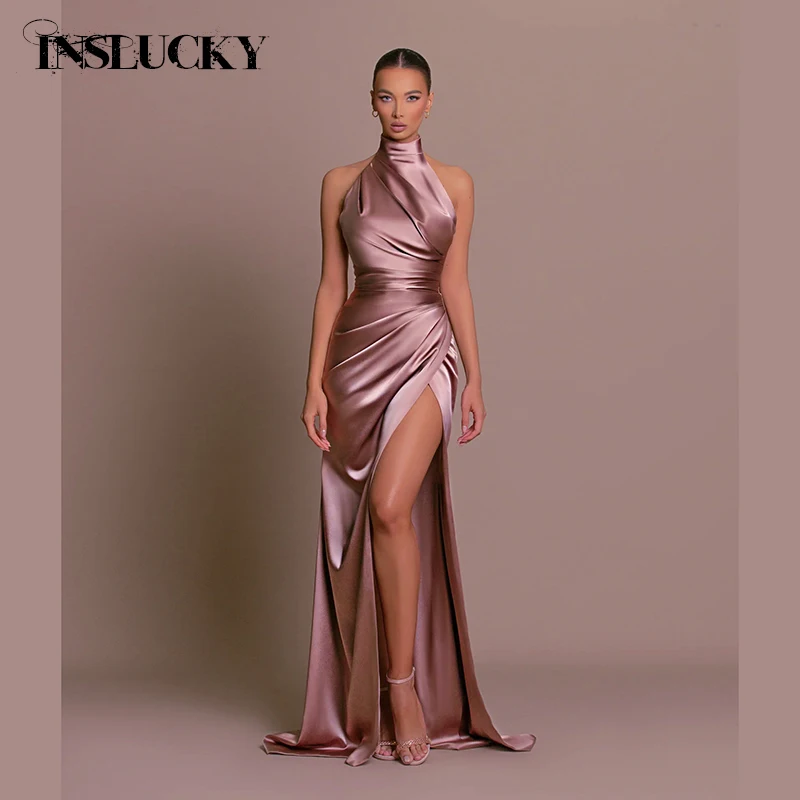 

InsLucky Stand Neck Solid Luxury Elegant Women Dresses Sleeveless High Waist Folds Slit Floor-Length Dress Birthday Party Dress