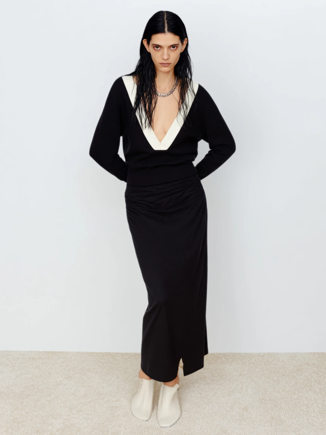 

Женская футболка с длинным рукавом в стиле пэчворк с глубоким вырезом, повседневный осенний модный приличный сексуальный топ для женщин