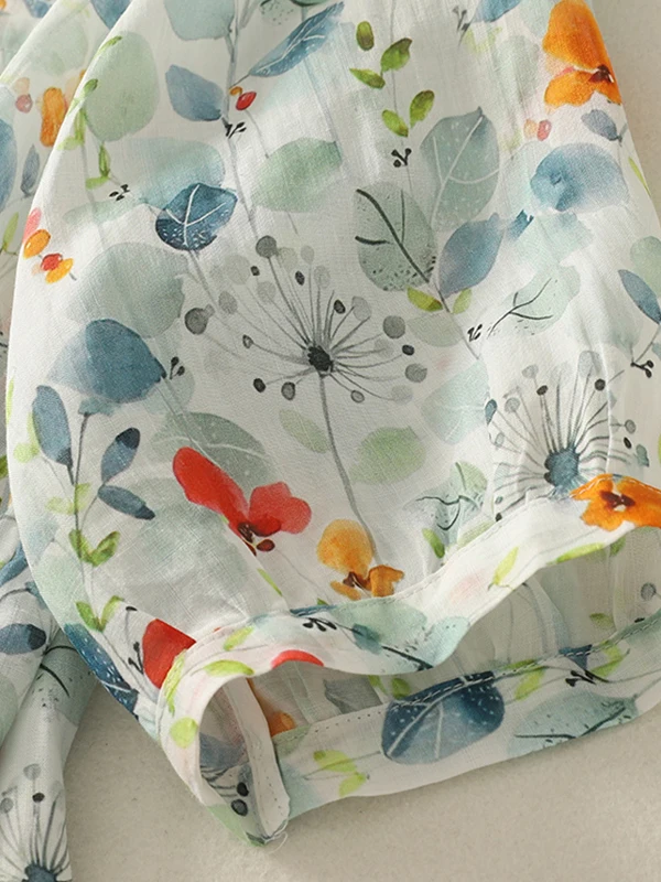 الرجعية الأزهار طباعة الكتان ort Sve irt المرأة الصيف رقيقة فضفاضة التخسيس عادية V-Ne القطن الكتان الأعلى مريحة تناسب #4