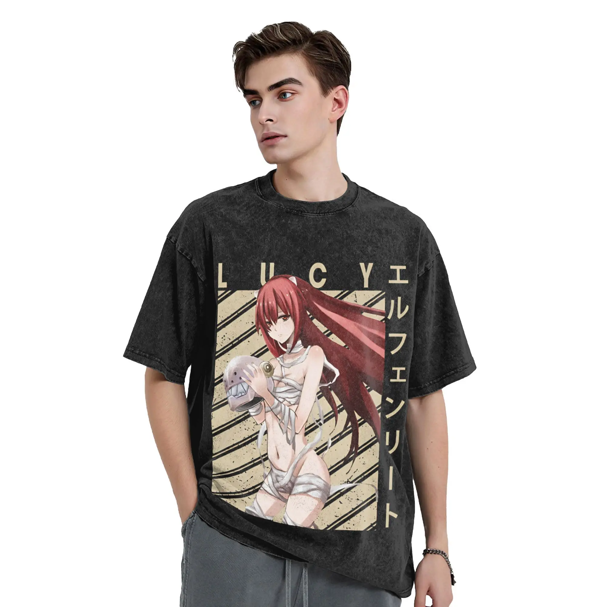 

2025 Summer Elfen Lieds Men Fashion 100% Pure Cotton Printed Washed T-shirt Crew Neck Short Sleeve Plus Size Tops Breathable Y2k