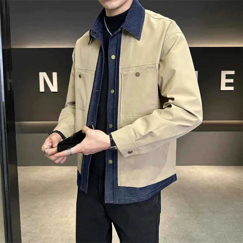 

Men's Spring Autumn Denim Patchwork Faionable Stand Collar Jaet Youth Outerwear Cotton Blend Long Sve Regular Fit