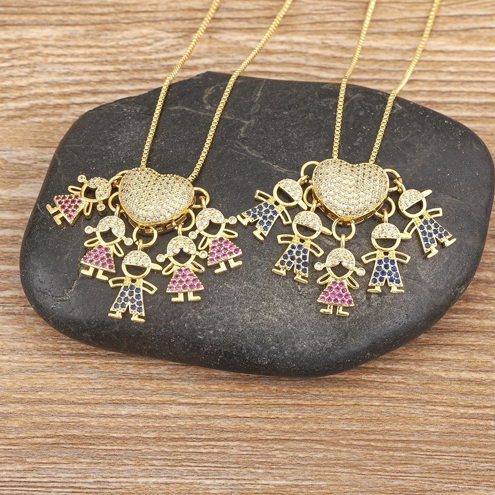 Nidin Personalized Gold Plated Kids Heart Pendant Zircon Necklace Mom Child Birthday Colar Mother's Day Gift Jewelry