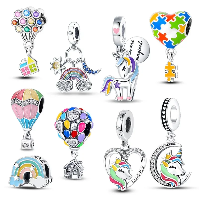

925 Sterling Silver Rainbow Hot Air Balloon Colorful Horse Charm Bead Pendant Fit Original Bracelet for Women Fine Jewelry Gift